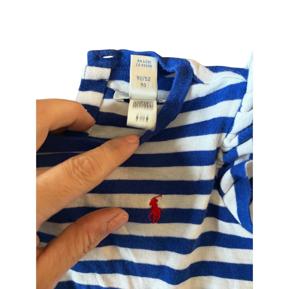 Ralph‎ Lauren Baby Blue Striped Long Sleeve Ruffle Button Back Shirt 24M
